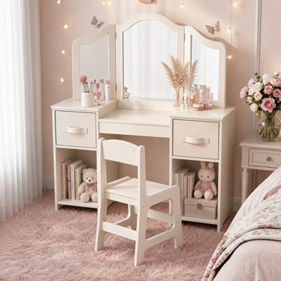 Bureau et fauteuil de maquillage 2 en 1 avec miroir détachable pliable en trois, tablettes de rangement Qpen faisant semblant de jouer, cadeau idéal pour les petites filles