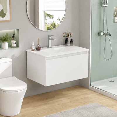 Meuble-lavabo mural 32 po avec tiroirs à fermeture en douceur et lavabo en céramique