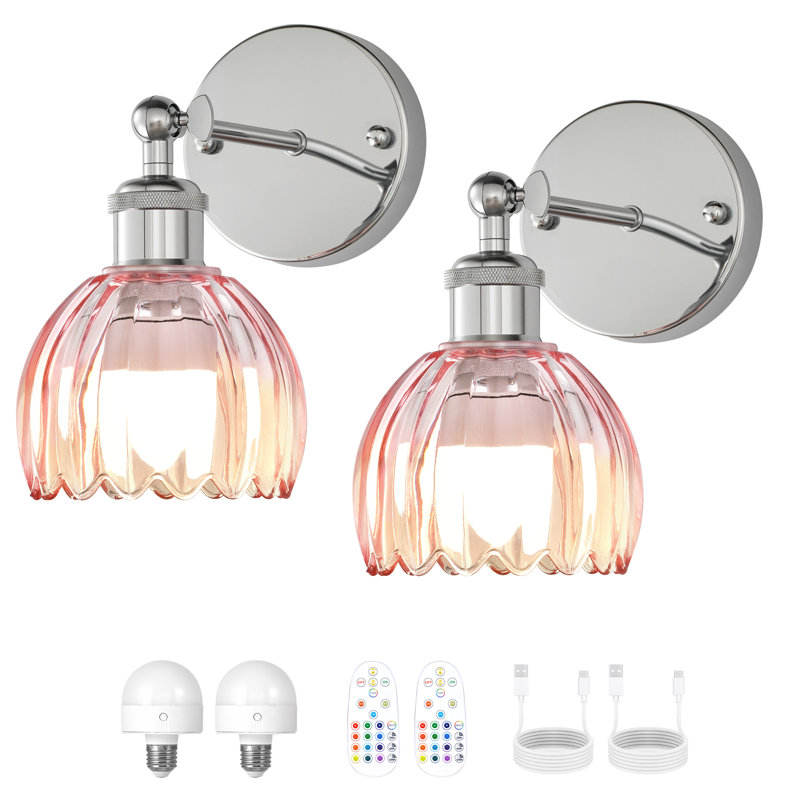 Battery Operated Tulip Wall Sconce Set Of 2 With Remote & Bulb, Dimmable Wireless Rechargeable Wall Lights (3 Color Temp & 12 Rgb) For Bedroom Living Room Hallway