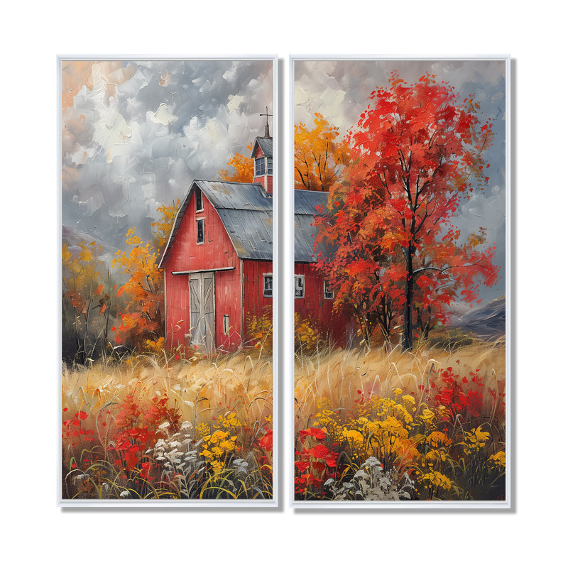 Autumn Red Barn Breeze I - Art mural traditionnel rouge 2 pièces, 20" H x 24" W, Impression encadrée flottante, White