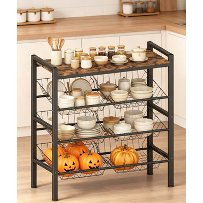 Kitchen Fruit and Vegetable Storage Rack, 4-Tier Freestanding Fruit Basket Stand with Solid Wood Top, Snack Display Organizer Shelf for Pantry, Living Room, Office, Black