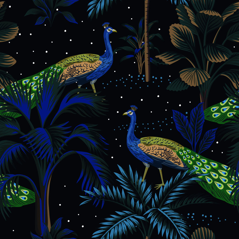 Rouleau de papier peint adhésif Tropical Night Peacock Bird, L 16,67 po x l 25 po
