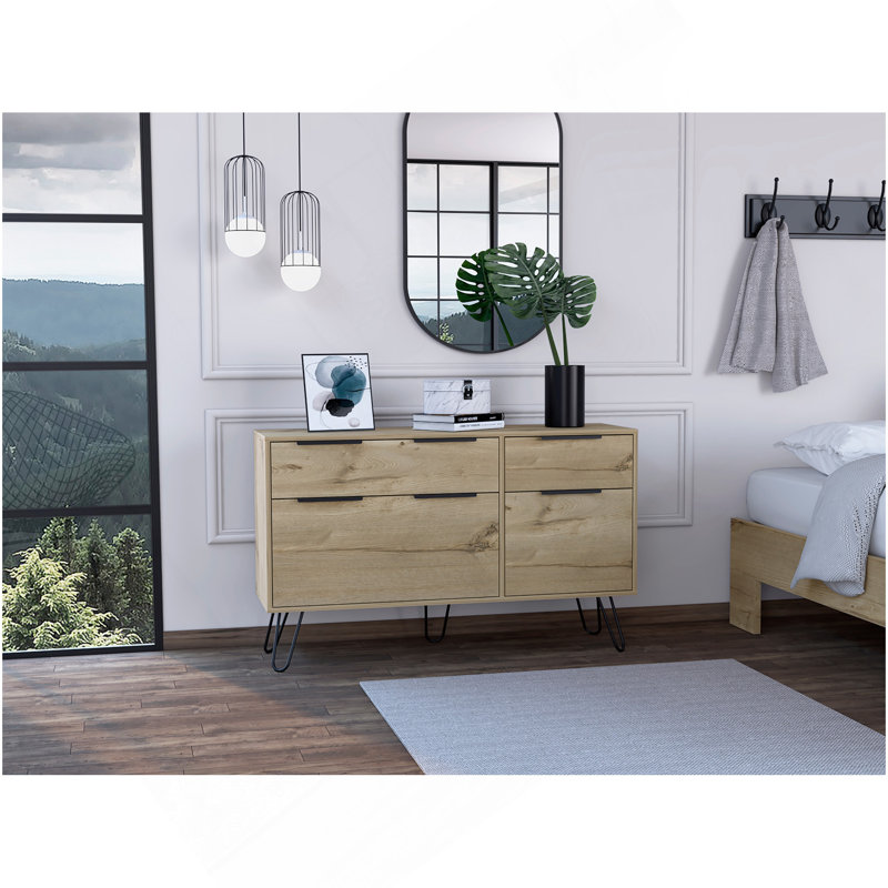 Commode double, quatre tiroirs, plateau supérieur, pieds en épingle à cheveux, chêne clair