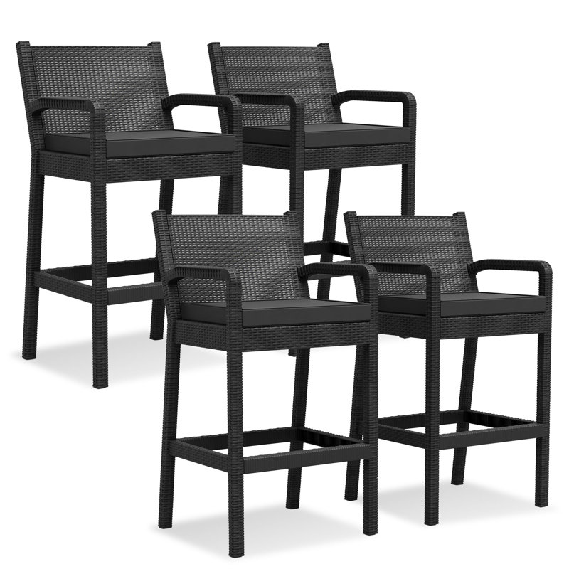 Outdoor Bar Stools Set of 4, Wicker Bar Height Patio Chairs with Cushions, Wicker Barstools Indoor Outdoor Bar Stool Patio Furniture for Backyard, Garden, Pool, Balcony and Deck, Black (4Pcs)