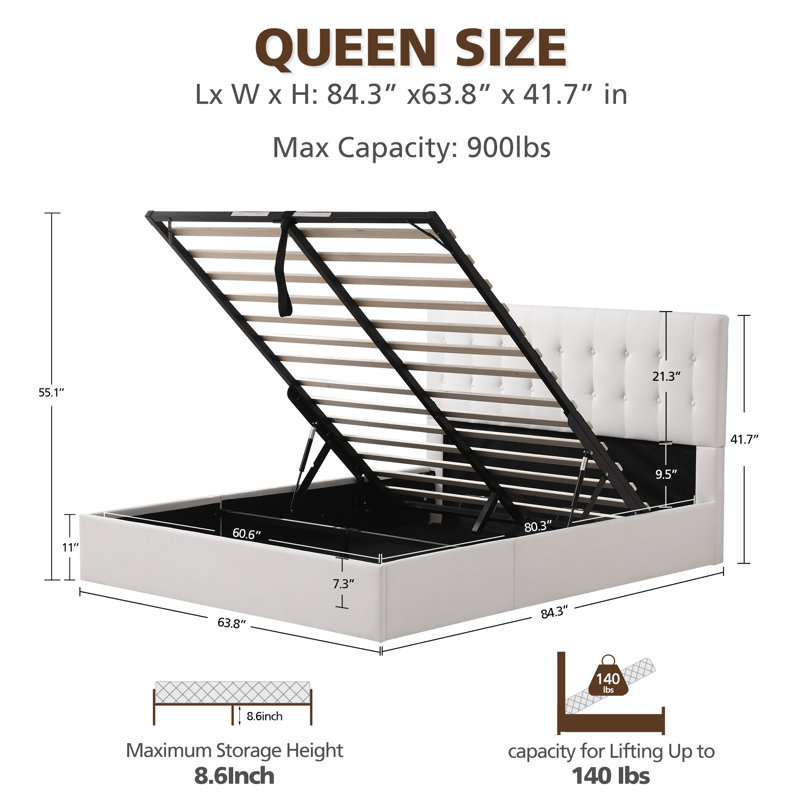 Lit plateforme tapissier avec rangement Arcadia, Grand, Blanc