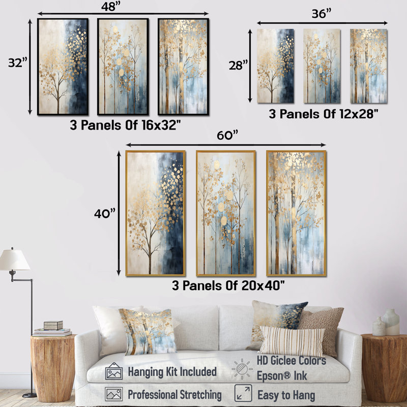 Or et bleu, trésors, paysages, arbres, ensemble de 3 impressions sur toile, H 40 po x l 60 po, Cadre flottant noir