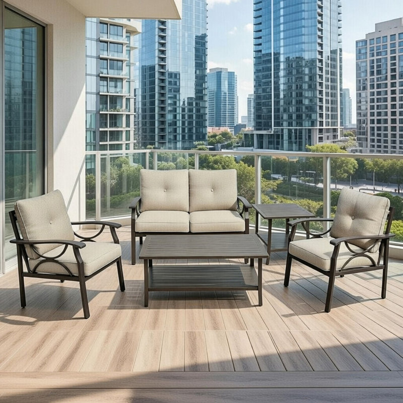 5-Piece Metal Patio Furniture Set, 4-Seat All-Weather Conversation Sofa With Coffee Table & End Table, Beige, Khaki