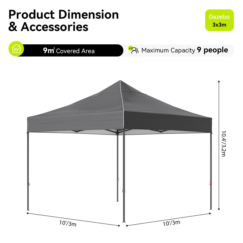 Canopy Tent, Heavy Duty Pop up Canopy, Grey, 3m x 3m
