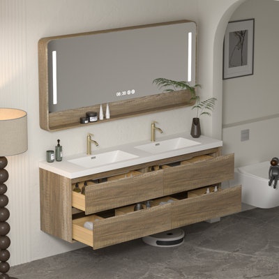 Meuble-lavabo mural double flottant 72 po Arden en chêne antique avec plateau en résine composite Arden