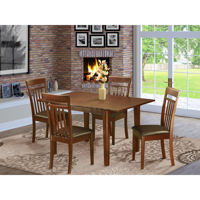 5 Piece Dining Table Set for 4 Includes a Rectangle Kitchen Table with Butterfly Leaf and 4 Faux Leather Dining Room Chairs, Mahogany