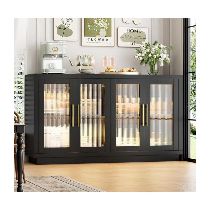 Black Wood Buffet Cabinet with Glass Doors, Adjustable Shelves, Large Storage Sideboard for Dining Room & Living Room