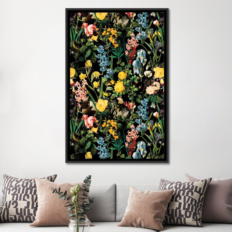 Impression sur toile tendue, "fleurs et oiseau" v, H 60 po x l 40po x P 1,5 po, Toile avec cadre noir, Blanc
