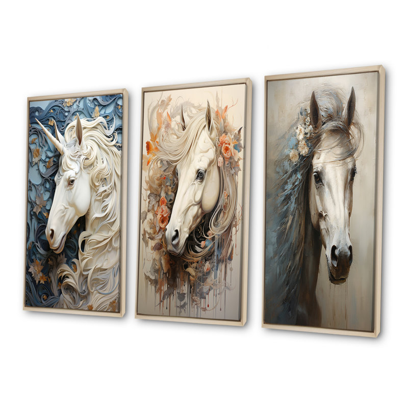 Minimalisme licornes - ensemble de 4 reproductions d'art sur toile, Cadre flottant brun, H 28 po x l 36 po