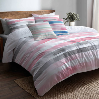 Ensemble d'édredon moderne 6 pièces - Ensemble de literie à rayures rose et gris Whisper Stripes