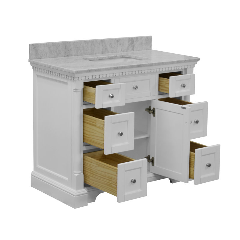 Fossen 42" Single Bathroom Vanity Set with White Cabinet and Carrara Marble Countertop, White, Carrara Marble