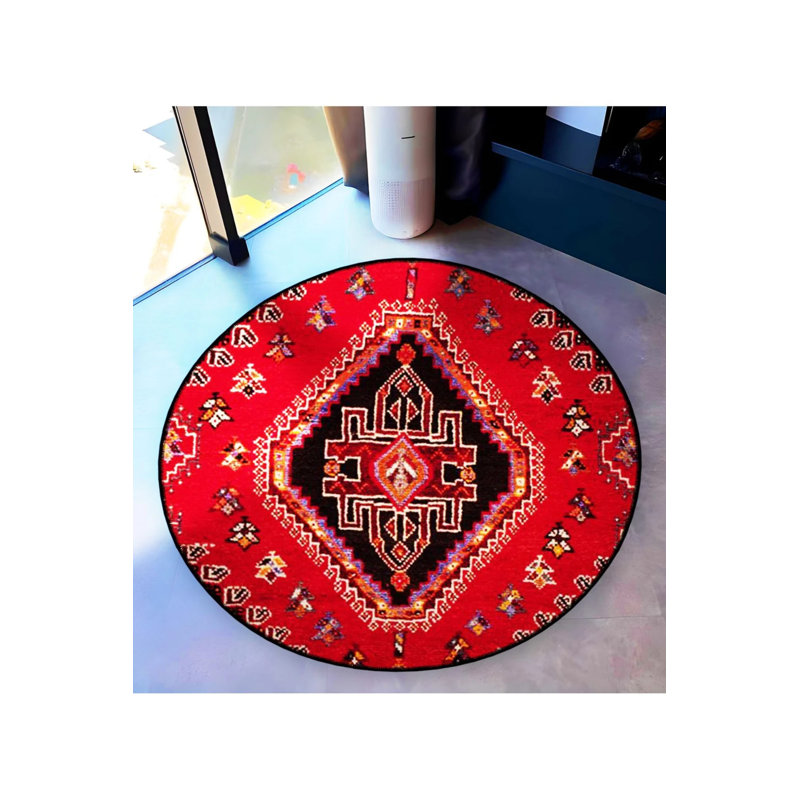 Red Theme Ethnic Motif Traditional Patterned Round Woven Base Vintage Decorative Carpet, Round 5'