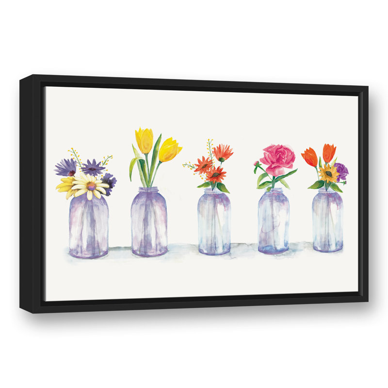 Fleurs peintes dans des pots en verre - Peinture sur toile, 16 po x 24 po, Cadre noir