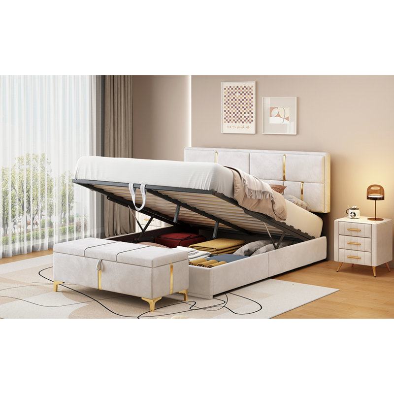Kleomenis Upholstered Platform Storage Bed, Beige, Bed with Storage