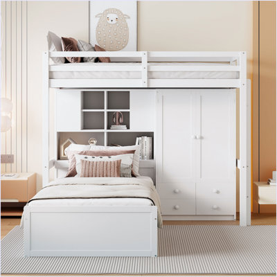 Twin Bunk Bed With Drawers, Wardrobe, Storage Shelves And Hydraulic Bed