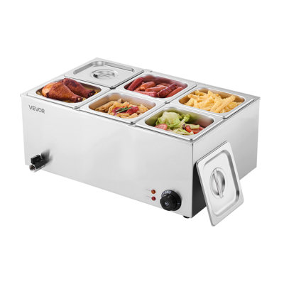 Chauffe-plat commercial de 24 pte, table à vapeur électrique à 6 casseroles, bain-marie en acier inoxydable de comptoir professionnel de 1200 W avec contrôle de température 86-185 ° F pour la restauration, le buffet, les fêtes, les restaurants