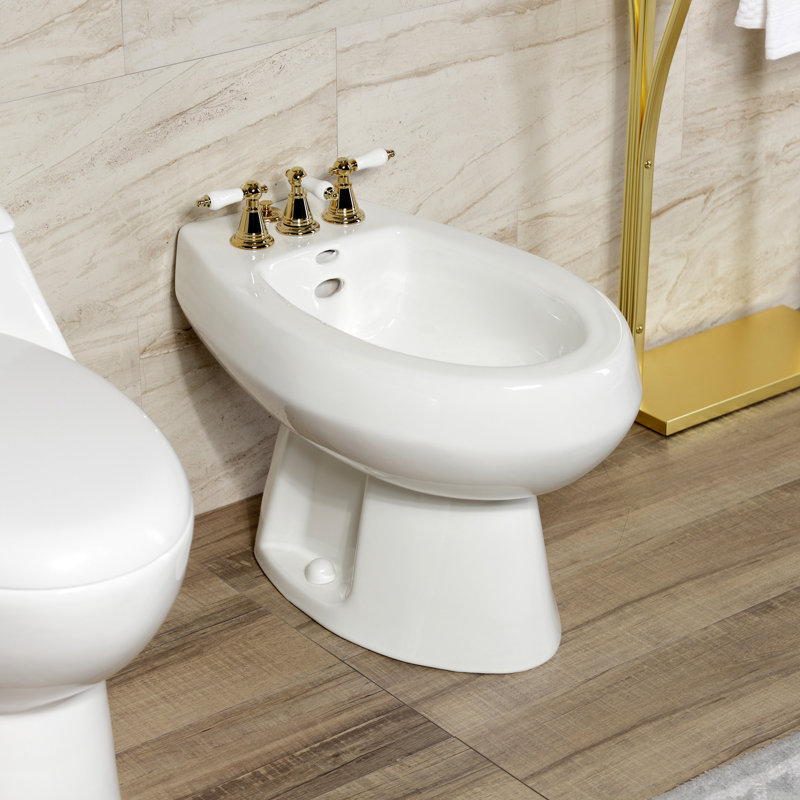 Kingston Brass Victorian Three-Handle Vertical Spray Bidet Faucet with Brass Pop-Up, Polished Brass/White