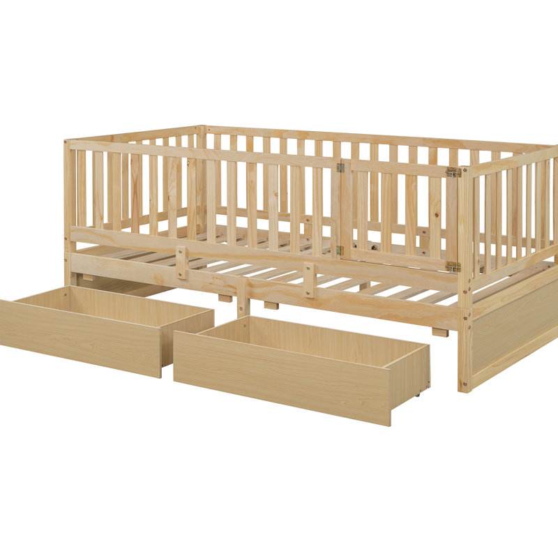 Lit de jour simple en pin naturel avec clôture et tiroirs, peut être divisé pour plus d'arrangements de lit - Taille des barrières de sécurité dans le lit au sol