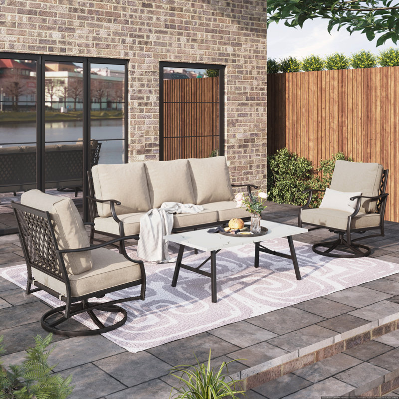 Asfand 5-7 - Person Patio Conversation Set with Swivel Lounge Chairs & Optional Ottoman, Cushion Pro Beige Performance Canvas
