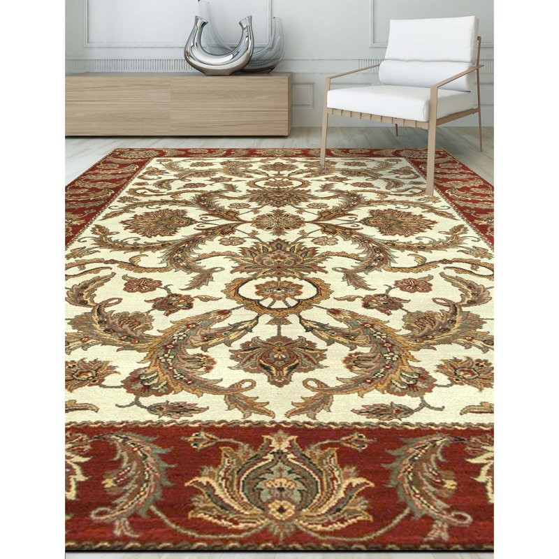 Tapis ivoire et rouge noué à la main de haute qualité
