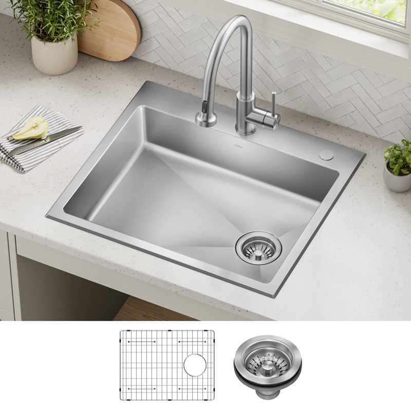 KRAUS Fairlane 25” ADA Compliant Drop In / Top Mount Single Bowl 18-Gauge Stainless Steel Kitchen Sink, Drop-In