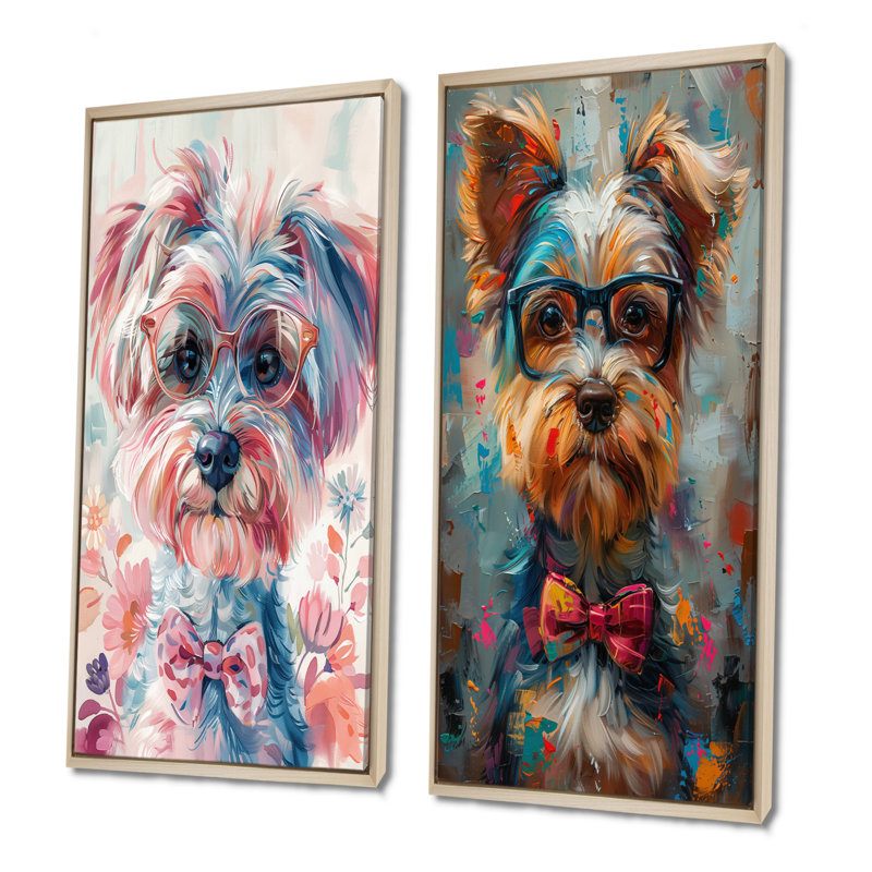 Curieux Shih Tzu rose avec verres I - ensemble d'art mural chien 2 pièces, H 32 po x l 32 po, Impression encadrée, Érable