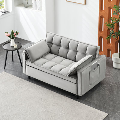 3 In 1 Convertible Velvet Bed, For 'S Room, With Reclining And Pockets, Black - Gray Pink Modern Bed 2 Seats, , Solid Wood + Based Panel Frame, Beige