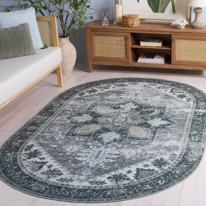 DeBary Oriental Dark Sage/Ivory Area Rug, Oval 5' x 8'