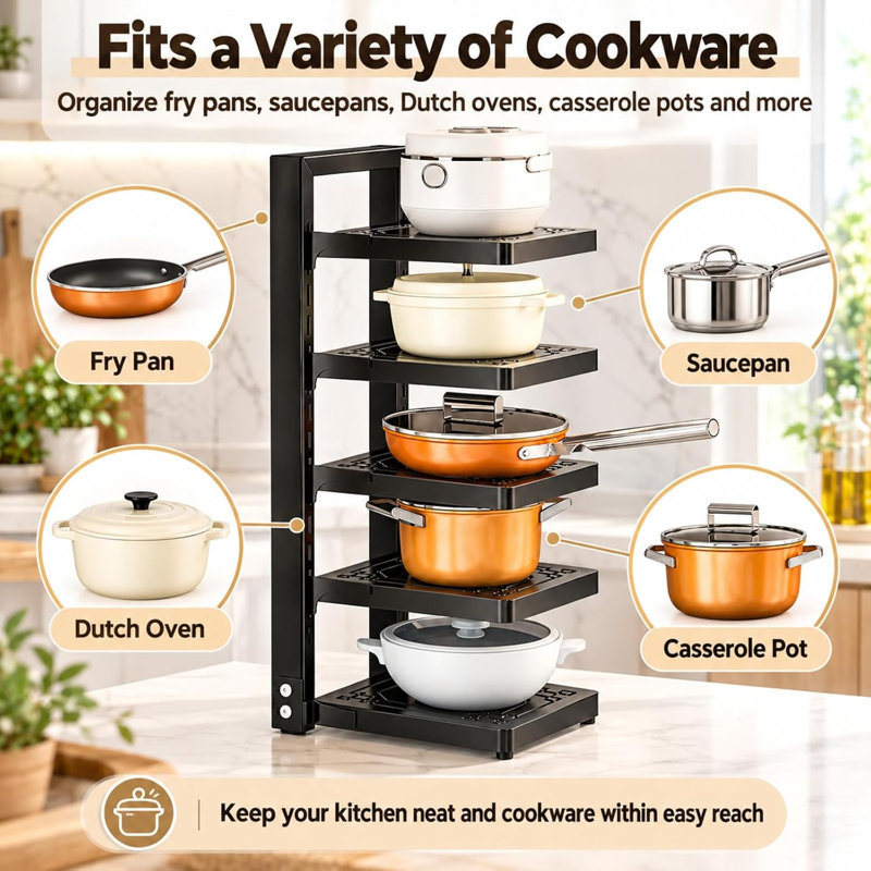 Pots and Pans Organizer,5-Tier Adjustable Kitchen Countertops Rack