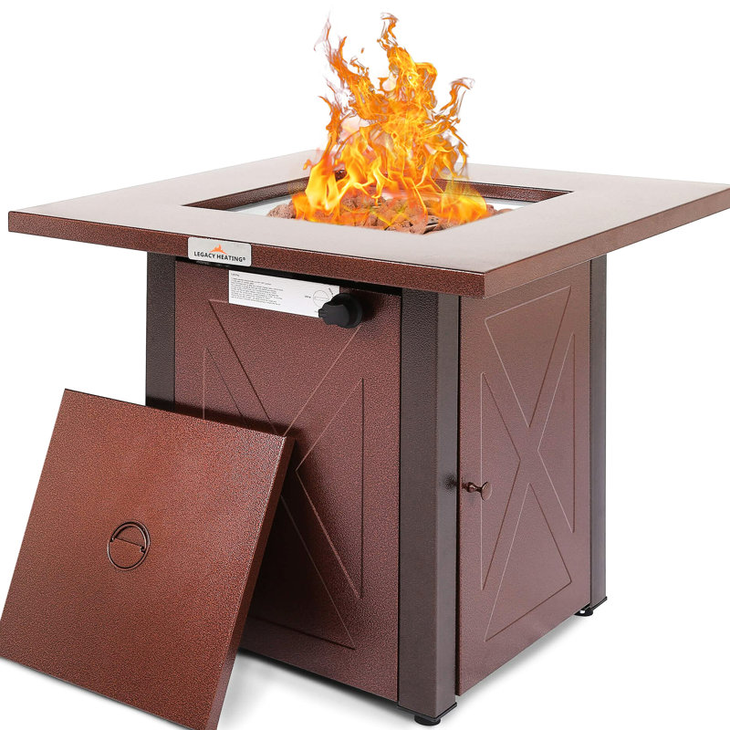 28" 50000 Outdoor Propane Gas Fire Pits Table - Square Brown Texture Fireplace With Lid & Lava Rock Suitable For Courtyard, Patio, Balcony Leisure Appropriate