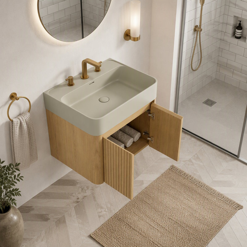 24" Wall Mounted Bathroom Vanity with Solid Surface Integrated Basin and Soft-Close Doors, Cream Beige,Golden Oak