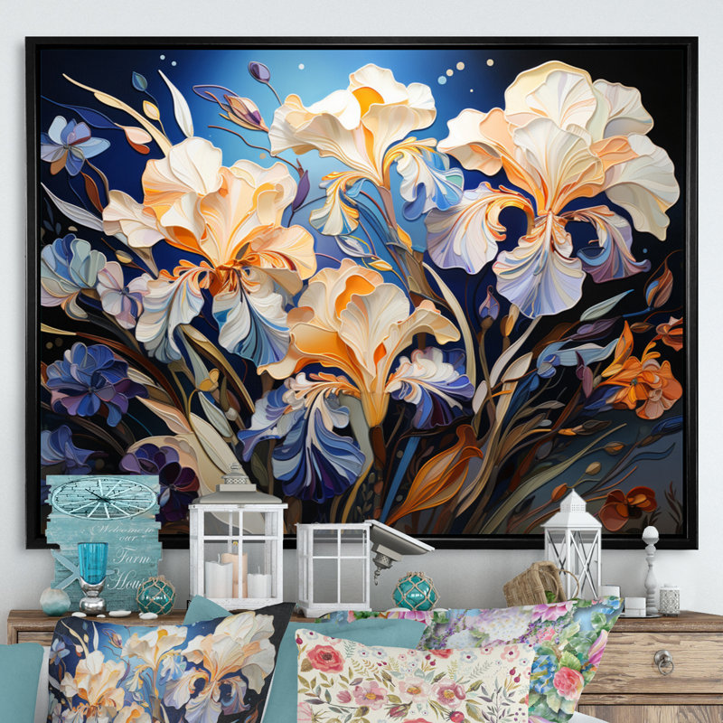" Yellow Blue Irises Iris Dance ", 24" H x 32" W x 1" D, Black Floater Framed