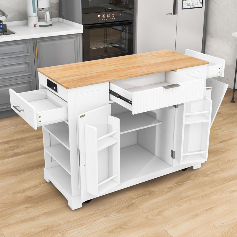 Rolling Kitchen Island with Shelves, 3 Drawers and Power Outlet, White
