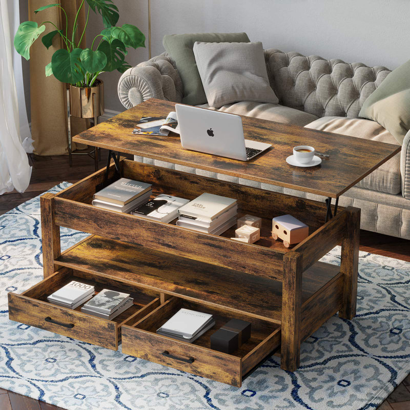 Eoghan Lift Top Coffee Table with 2 Drawers, Rustic Brown, 18.2" H x 39.4" L x 19.7" W