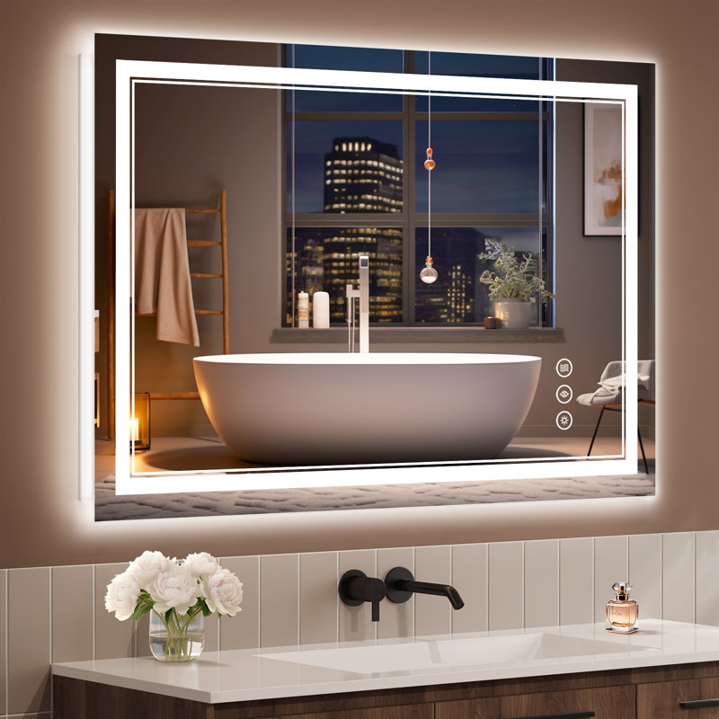 LED Lighted Bathroom Mirror: Front and Backlit, Tempered Glass, 3 Colors, Dimmable, CRI 90+, Defog, 36" x 55"