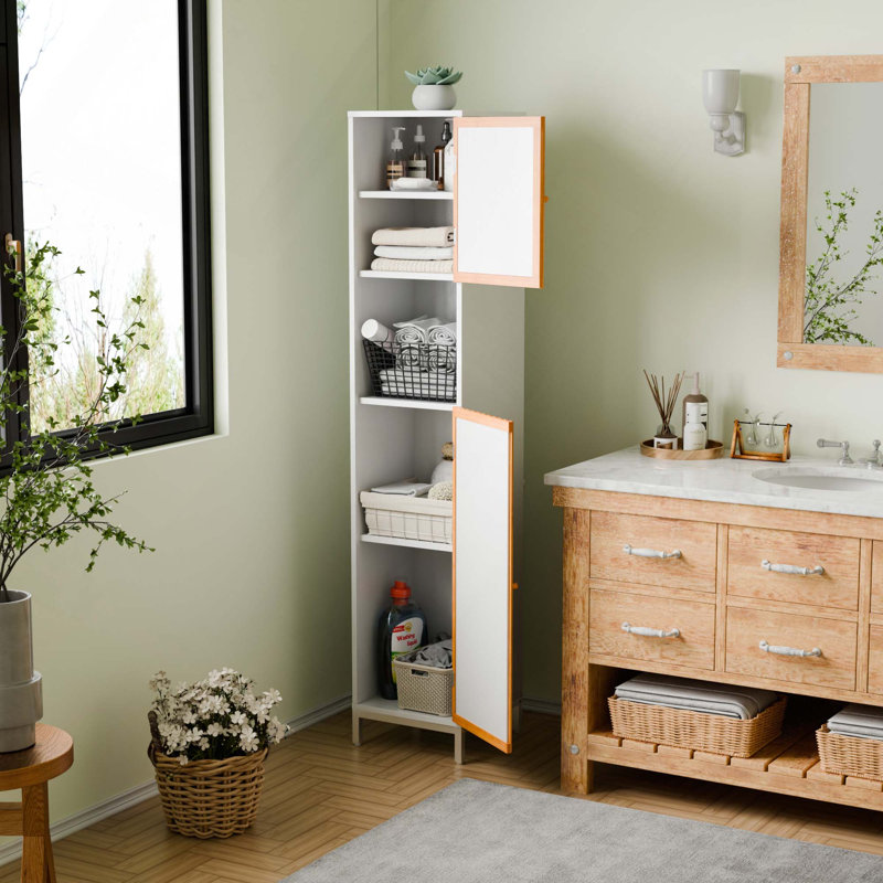 Bathroom Tall Storage Cabinet With Bamboo Slats Door And Adjustable Compartments For Ample Storage In Tight Spaces