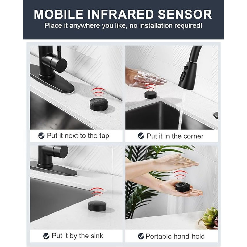 Touchless Kitchen Faucet Stainless Steel: WOWOW Mobile Motion Sensor Kitchen Sink Faucet with Sprayer, Automatic Smart Kitchen Faucet for Sink 1 or 3 Hole, Matte Black