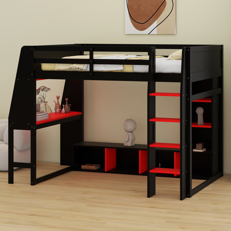 Gaming Loft Bed With Desk, Multi-Storage Shelves