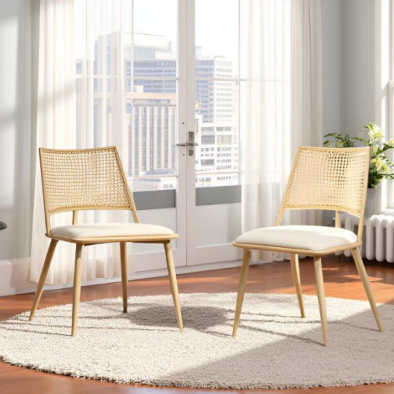 47cm H Polyester Blend Upholstered Metal Side Chair, Oak Wood, Beige