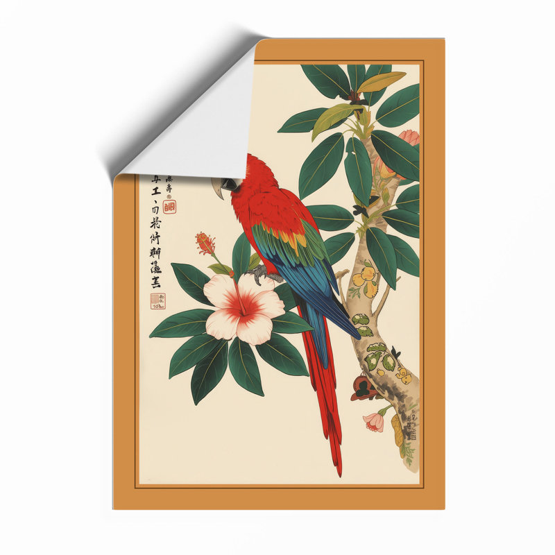 Macaw Among Blossoms Japandi - Framed Print, Unframed, A2 - 59.4 x 42.0 cm