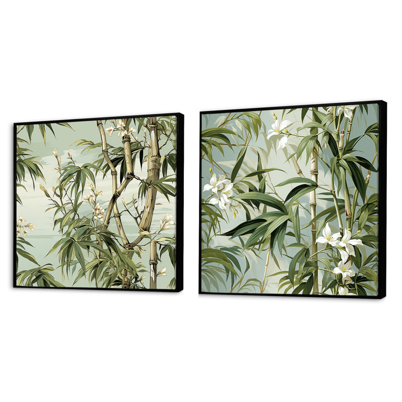 Bamboo Elegance - motif tropical - ensemble de 2 collages carrés tropicaux, H 30 po x l 61 po, Cadre flottant noir