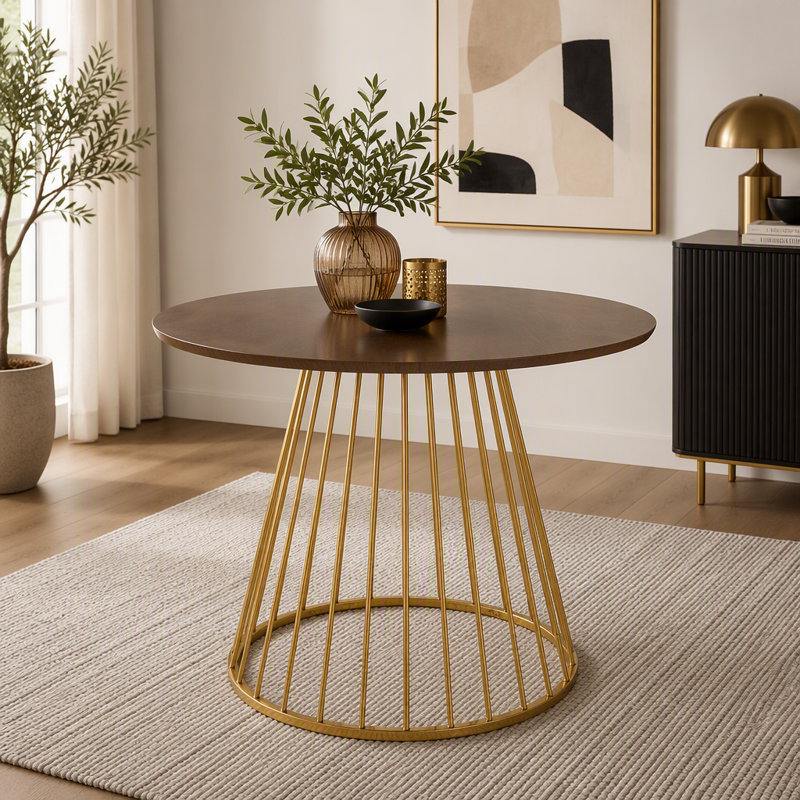 Table de salle à manger contemporaine en métal doré et bois de noyer