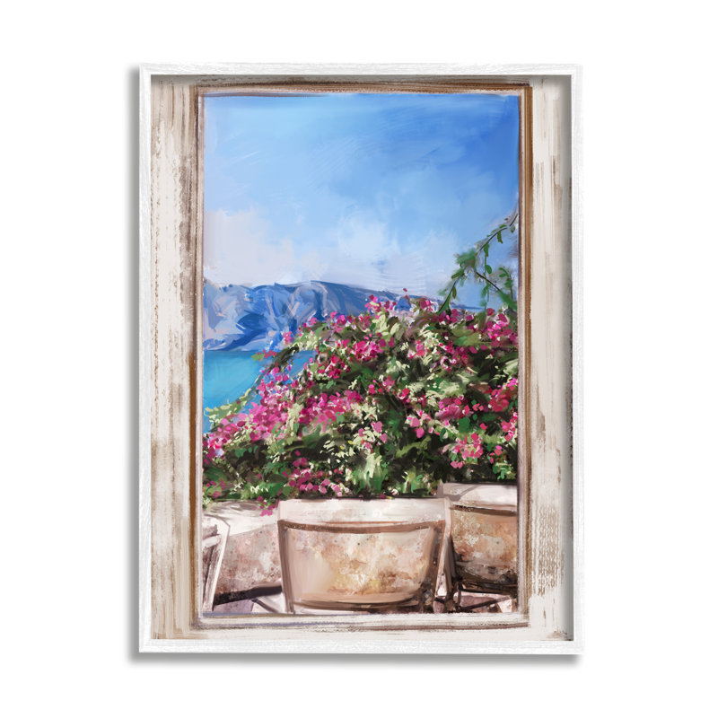 Scène de jardin à travers une fenêtre vue de bord de mer par Ziwei Li - peinture sur bois encadrée