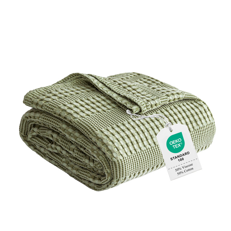 Jeté de lit en coton et viscose tissés gaufrés, Grand lit, Sauge