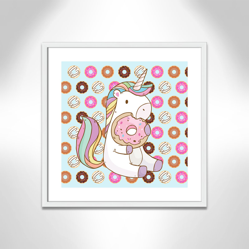 Donut Unicorn Wall Decal, 22.5" H x 22.5" W x 1.18" D, White Box Framed