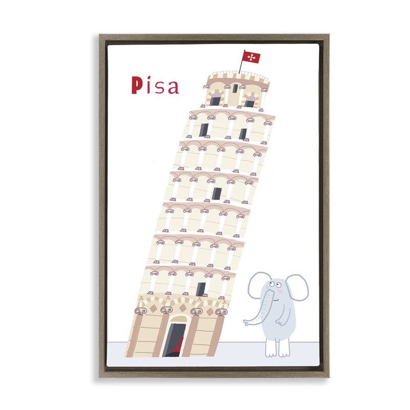 Éléphant et tour penchée, cadre flottant de Pise, design par Carla Daly, H 25 po x l 17 po, Cadre flottant orme Montalcino